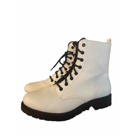New Women's‎ Time & TRU Lug Combat Boot Moto White, Lace Zip-Up Punk Goth Size 9 - Picture 2 of 5